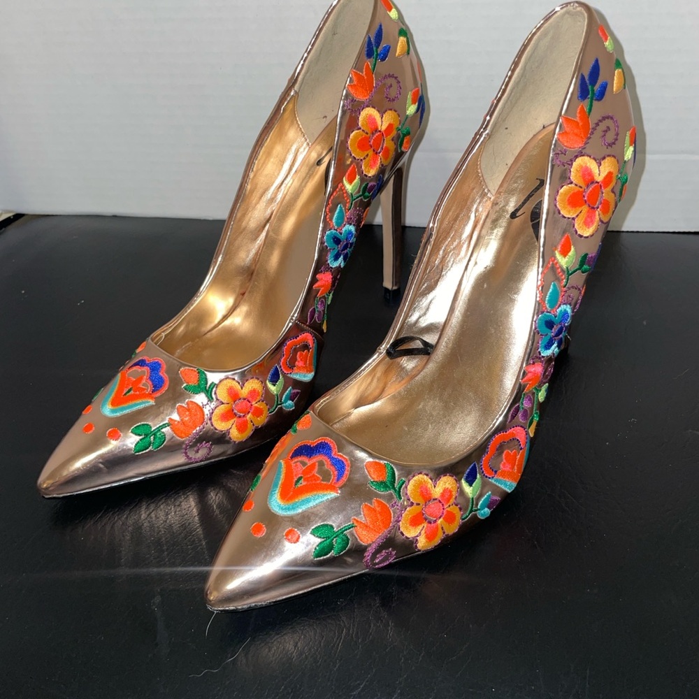 Gold Embroidered Floral Stiletto Heels